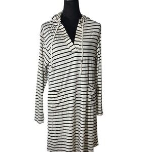 Kiwi Punch Ecru Black Striped Hoodie Tunic Dress Medium Pockets UPF 50+‎